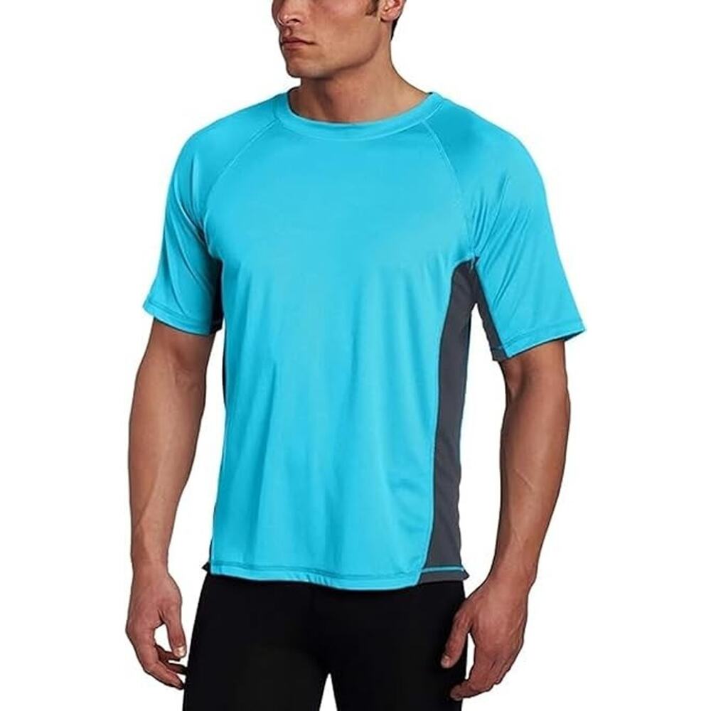 Kanu Surf Mens Short Sleeve UPF 50 Swim Shirt Rash Guard, Neon Blue/Charcoal XXL